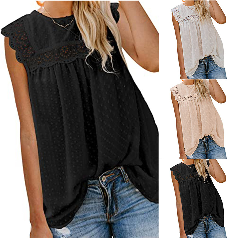 2021 Europe and America Foreign trade Cross border Amazon T-shirts Lace Crochet Pompon vest shirt jacket
