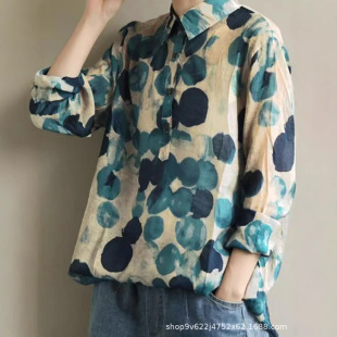 New Cotton and Linen Artistic Retro Floral Lapel Shirt