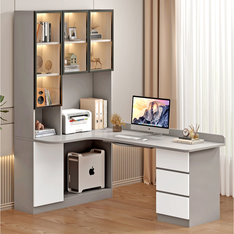 Computer Desk Solid Wood Corner Desk Bookshelf Integrated Light Luxury Desk Bookcase Combination Bedroom Home Study Table