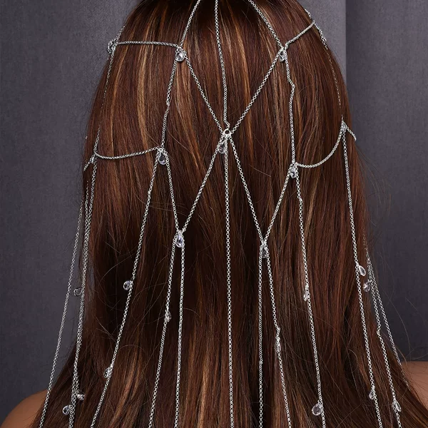 European and American Hot-Selling Mesh Tassel Rhinestone Hair Chain Banquet Elegant Diamond Hair Chain Versatile Headwear Women's Headdress