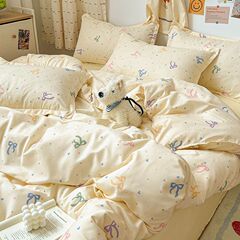 韓国風 小さめ フレッシュリボン 肌に優しいウォッシュドコットン寝具4点セット 掛け布団カバー 寮ベッド シングル 3点セット
