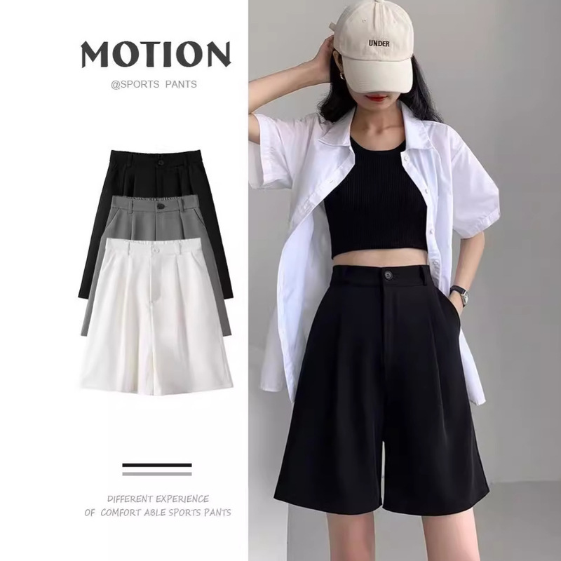 A-Line Slimming High-Waisted Mid-Length Loose Thin Casual Black Suit Straight Wide-Leg Shorts for Women Summer A-Line Slimming High-Waisted Mid-Length Loose Thin Casual Black Suit Straight Wide-Leg Shorts for Women Summer