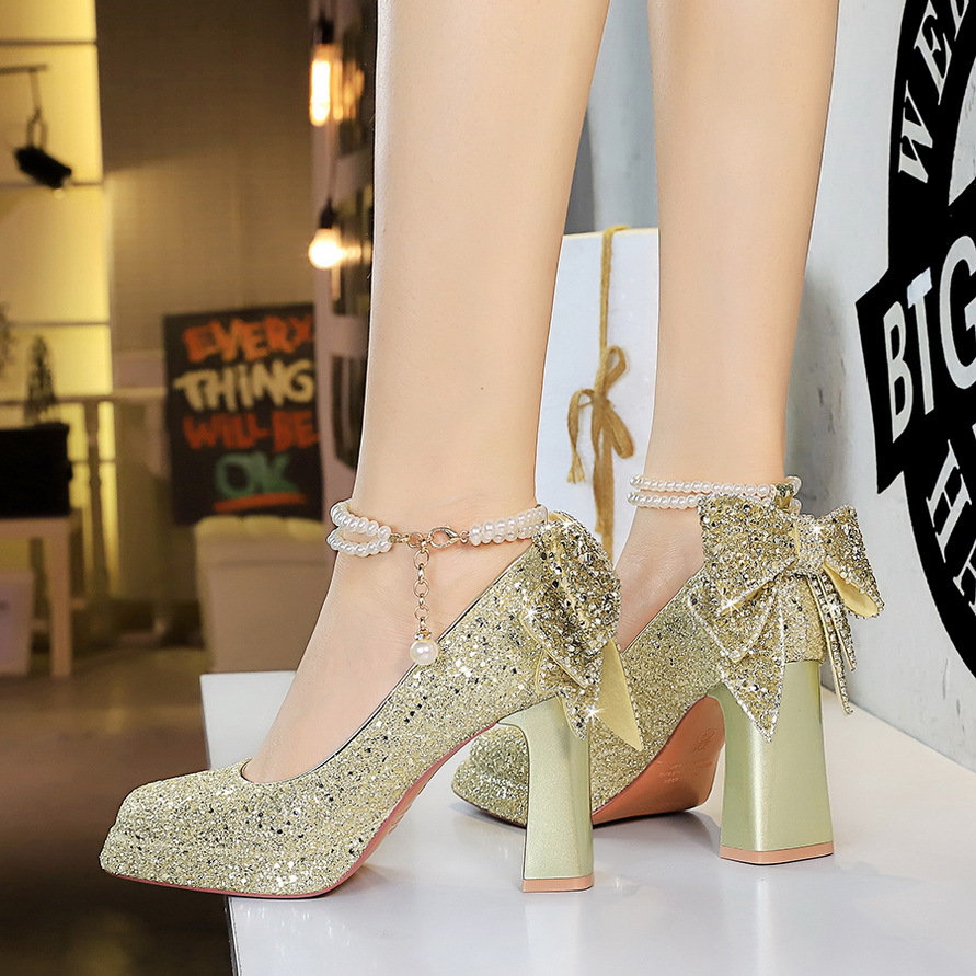 9983-H80TP Sweet Pearl One-Strap High Heels For Women With Rhintone Bowknot Square Toe Platform Chunky Heel Single_vogvips.com