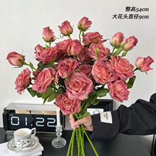 法式烤边多头玫瑰仿真花餐桌花摆花手捧花假花花束摆件仿生花干花