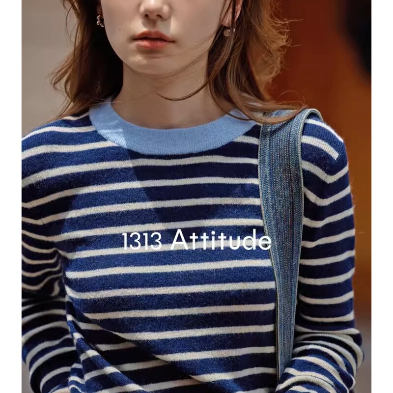 [in stock] 1313 chic sapphire blue striped merino wool alpaca wool base sweater soft waxy sweater