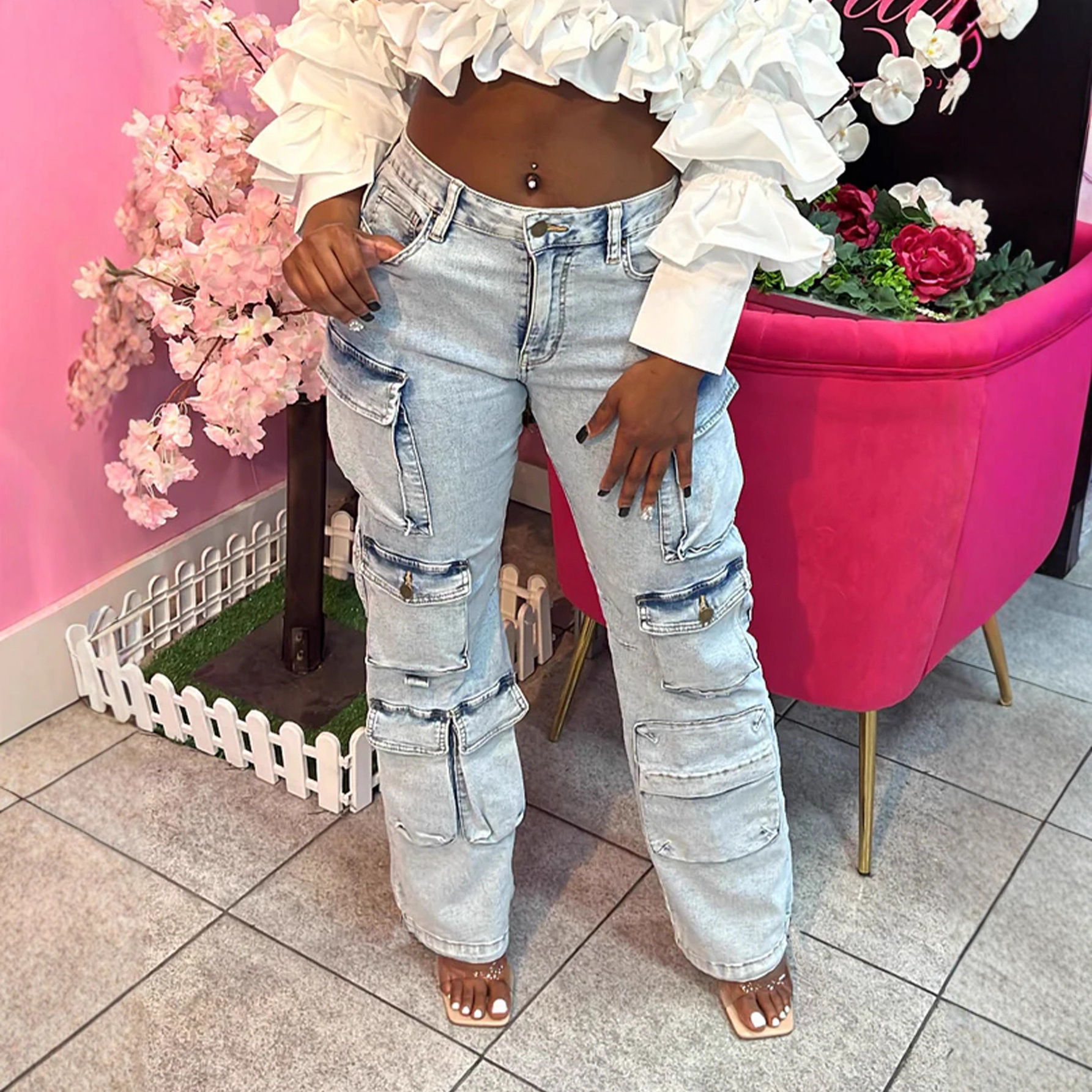 Women’s High-Waisted Distressed Cargo Jeans – Stretch Denim Pants With Utility Pockets (S-XL, Light Blue)_mkmklike.com