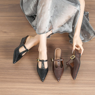 All-match Wedge Heel Height 5CM Pointed Mary Jane Shoes T-shaped with Artistic Retro Style Fairy Baotou Half Slippers for Women