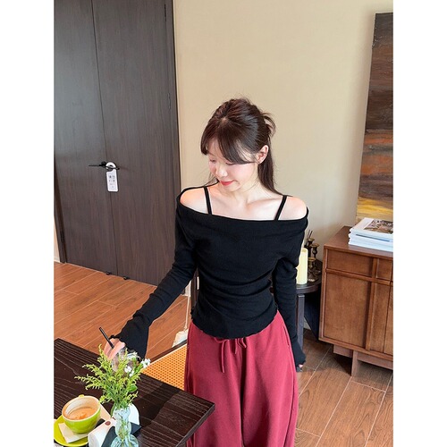 MR【Modal Cotton】False Two-Piece Shoulder-Strap Splicing Long-Sleeve Knit Top for Women, Autumn Mulberry Edge Base Layer