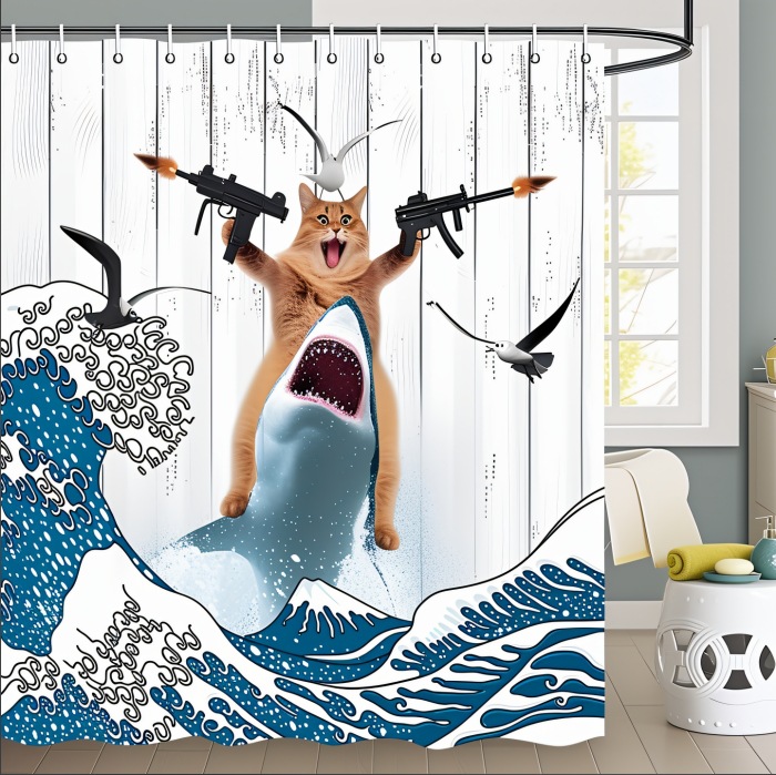 Divertida cortina de baño valiente gato sostiene tridente flecha montar tiburones en las olas ballenas gatos cortina de baño conjunto baño