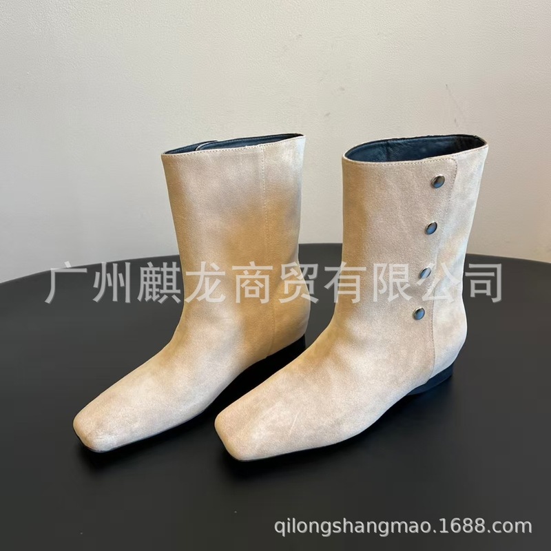 高端小众2025秋冬真皮方头复古多排扣内增高套筒短靴切尔西靴单靴|undefined