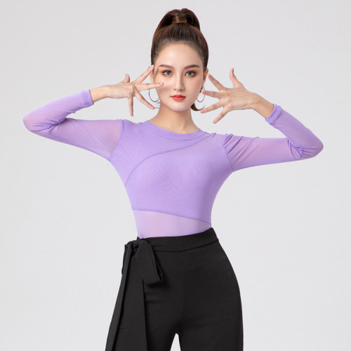 High-end body training clothing mesh national standard modern Latin dance tops women's long-sleeved dance practice clothing dancing one-piece