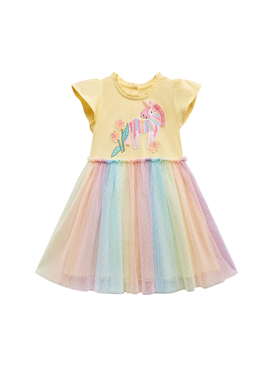 Pequeño experto europeo y americano niños princesa vestido verano puro algodón malla niños falda niñas Vestido de manga corta