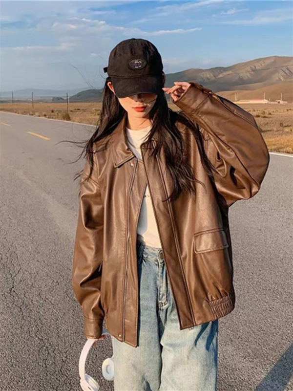复古机车服夹克皮衣外套短款女装2025早秋新款港风黑色小个子美式|undefined