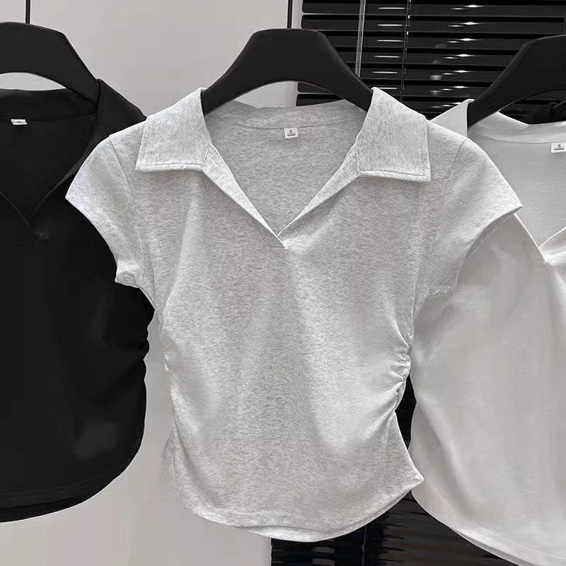 Women's Clothing Slim Fit Polo Collar Top Short Sleeve Ruched V Neck Grey T-Shirt Stylish Fitted Hot Girl Look Summer_voghion.com