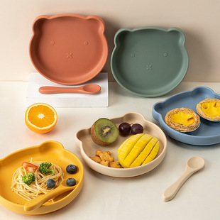 Baby Food Supplementary Training Dinner Plate Children's Cute Bear Suction Bowl Food Grade Silicone Drop-resistant Baby Tableware