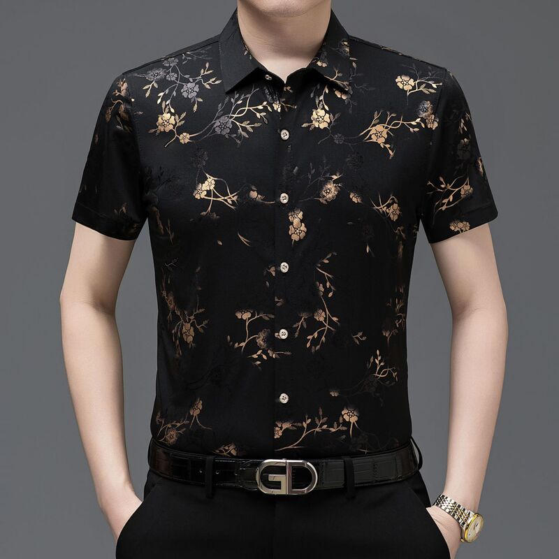 Middle-Aged Men's Summer Ice Silk Short-Sleeved Printed Shirt, No-Iron Business Casual Jacquard Half-Sleeved Shirt Middle-Aged Men's Summer Ice Silk Short-Sleeved Printed Shirt, No-Iron Business Casual Jacquard Half-Sleeved Shirt