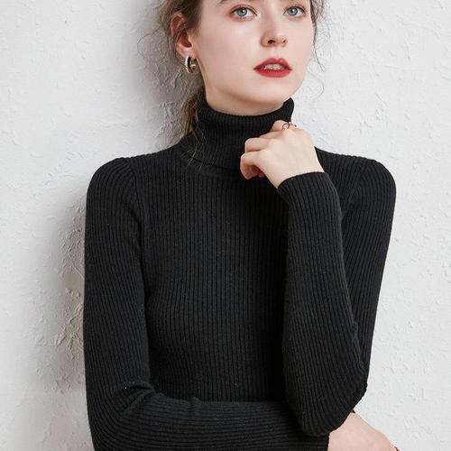 Women's 2025 Fall/Winter Thickened Wool Sweater: High-Neck Ribbed Pullover with Short Turn-Down Collar, Fitted Knit Base Layer