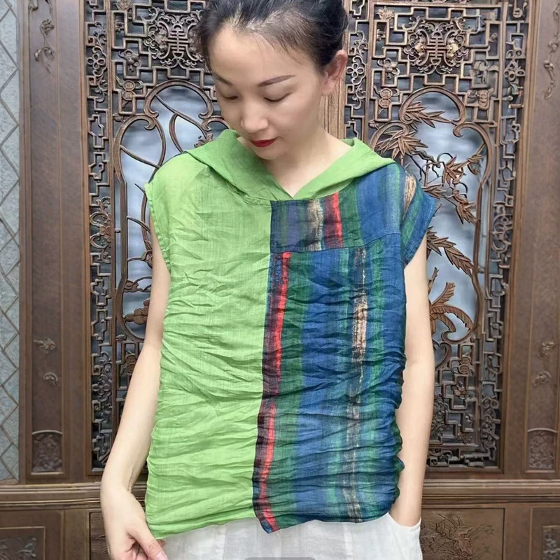 2026 Summer Korean Style Loose Artistic Youthful Ramie Print Patchwork Hooded Sleeveless Shirt Versatile Lightweight Blouse for Women 2026 Summer Korean Style Loose Artistic Youthful Ramie Print Patchwork Hooded Sleeveless Shirt Versatile Lightweight Blouse for Women