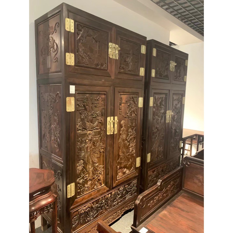 Laos Rosewood Cochin Rosewood Silk Feather Sandalwood Carved Four Beauties Top Chest Cabinet Large Wardrobe