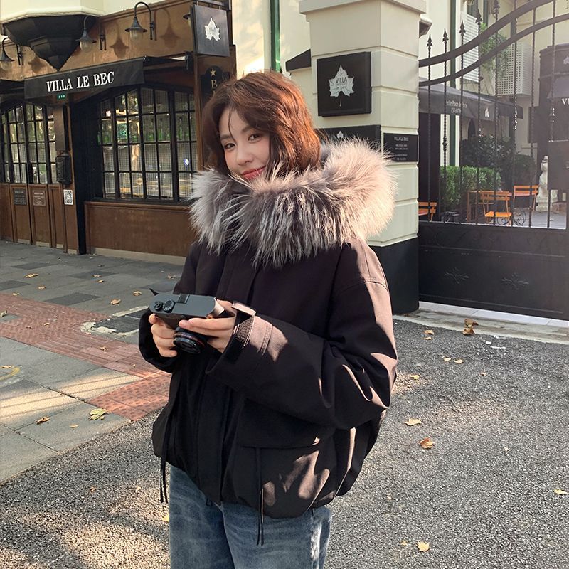 羽绒棉服2025新款冬季韩版宽松短款小个子派克服工装洋气毛领外套