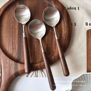 Walnut wood grain fork spoon household round spoon stainless steel spoon personal ins style eating spoon drinking spoon