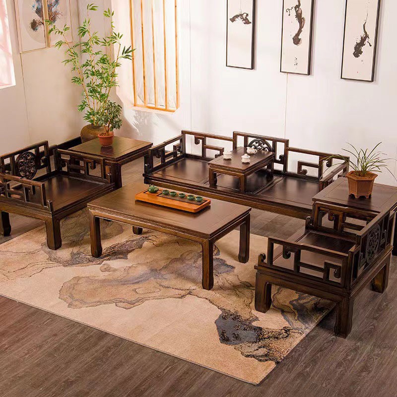 中式实木沙发客厅沙发组合全实木榆木仿古沙发新中式宫廷沙发批发