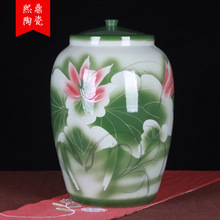 景德镇陶瓷米缸酒坛 手绘颜色釉浅雕荷花陶瓷酒坛 家居收藏摆件