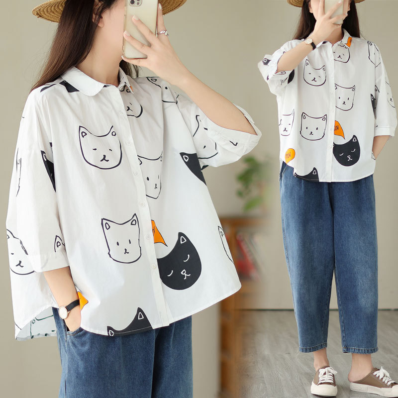 2026 Summer New Style Artistic Loose Single-Breasted Printed Shirt Top for Women