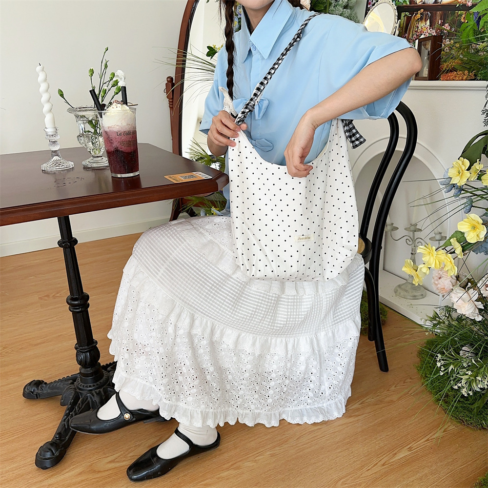 90g Weight Poplin Lining Material 19695304699 Fashion Element Open Closure Type Double Shoulder Straps Strap Type Tote Bag Bags Type Travel, Daily Occasion Canvas Material Round Dots Pattern All Seasons, Spring&Summer Season Women's Gender Streetwear Style Square Shape Medium Size 45262 New Polka Dot Canvas Bag Women's Large Capacity Bag College Students Class Canvas Bag Special-Interest Shoulder Bag 4