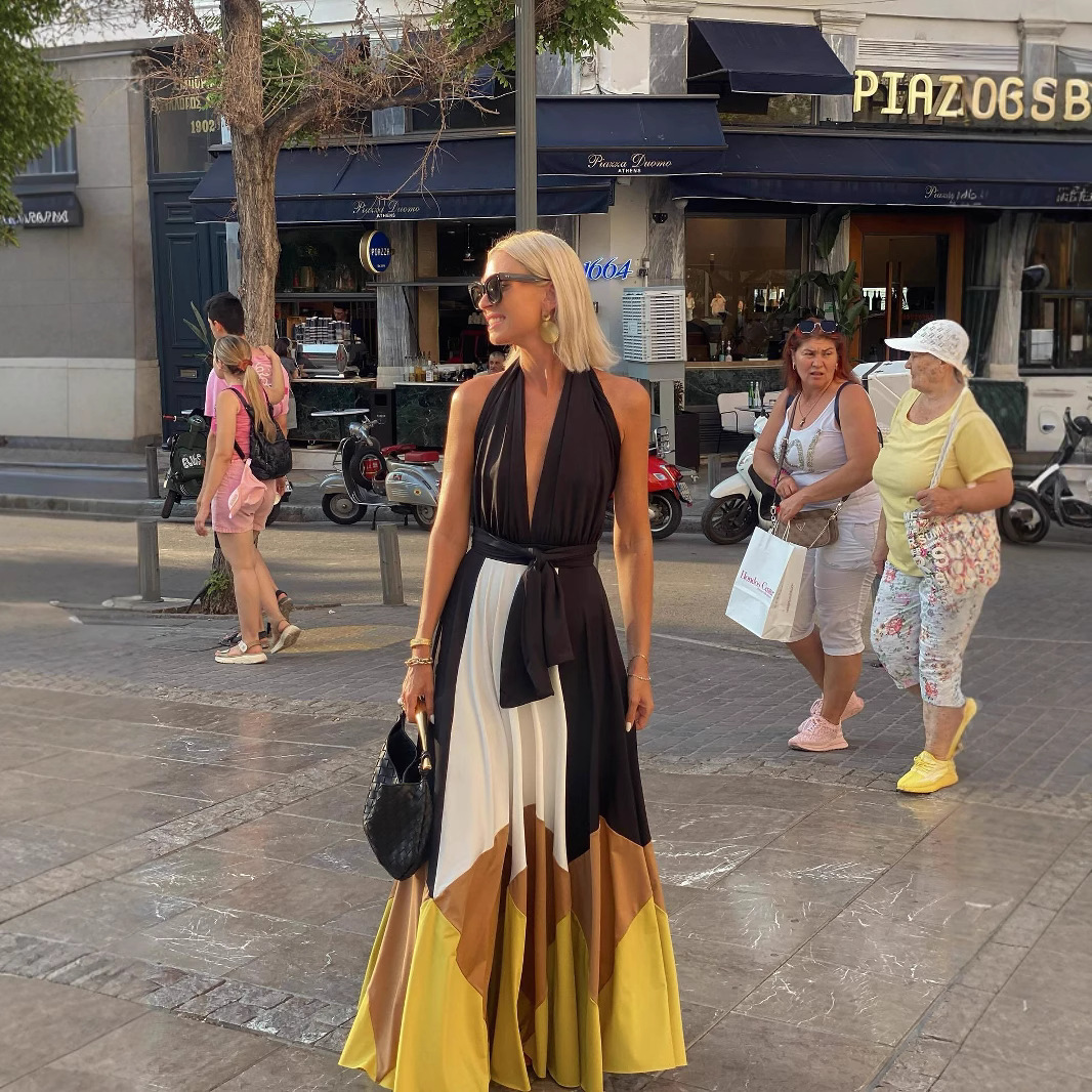 2025 European and American Cross-Border Independent Station Ins Influencer Picks Dress Color-Blocked Lace-Up Backless Sexy Long Skirt