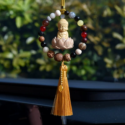 Car Hanging Decoration Boxwood Single: Car hanging - eighteen-little-buddha-yellow