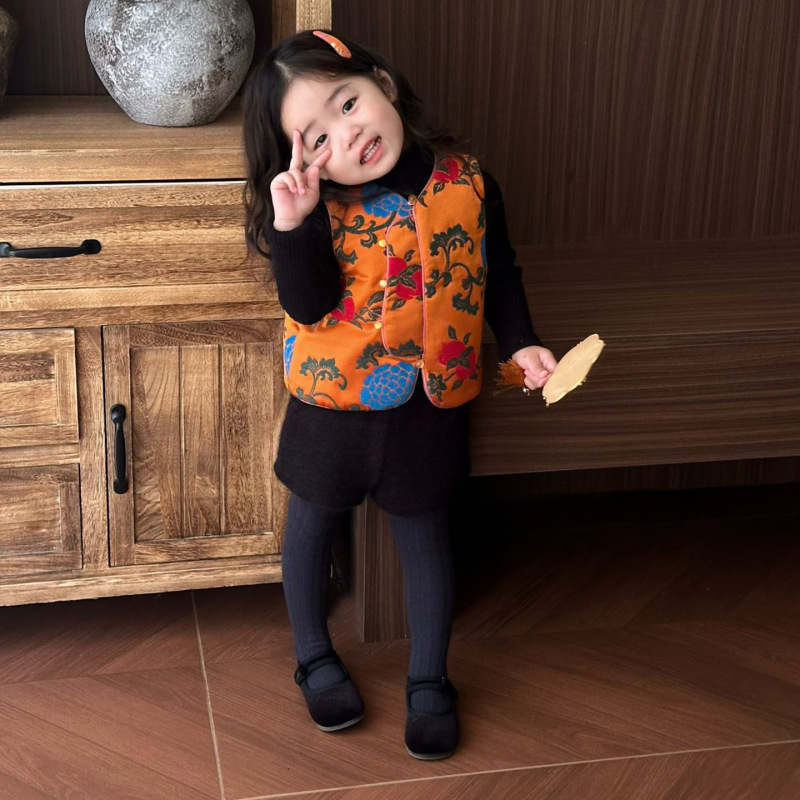中秋·国庆限定女童汉服马甲秋儿童重工提花圆领背心女孩抓周礼服|undefined