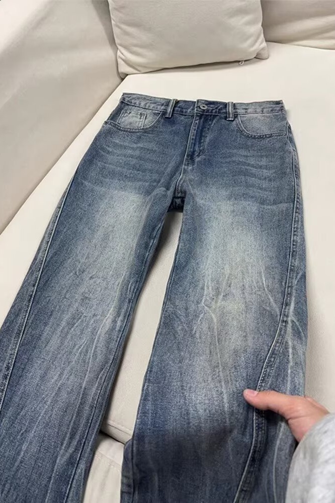 Men's Straight Leg Jeans Washed Lightning Design Clean Fit_voghion.com