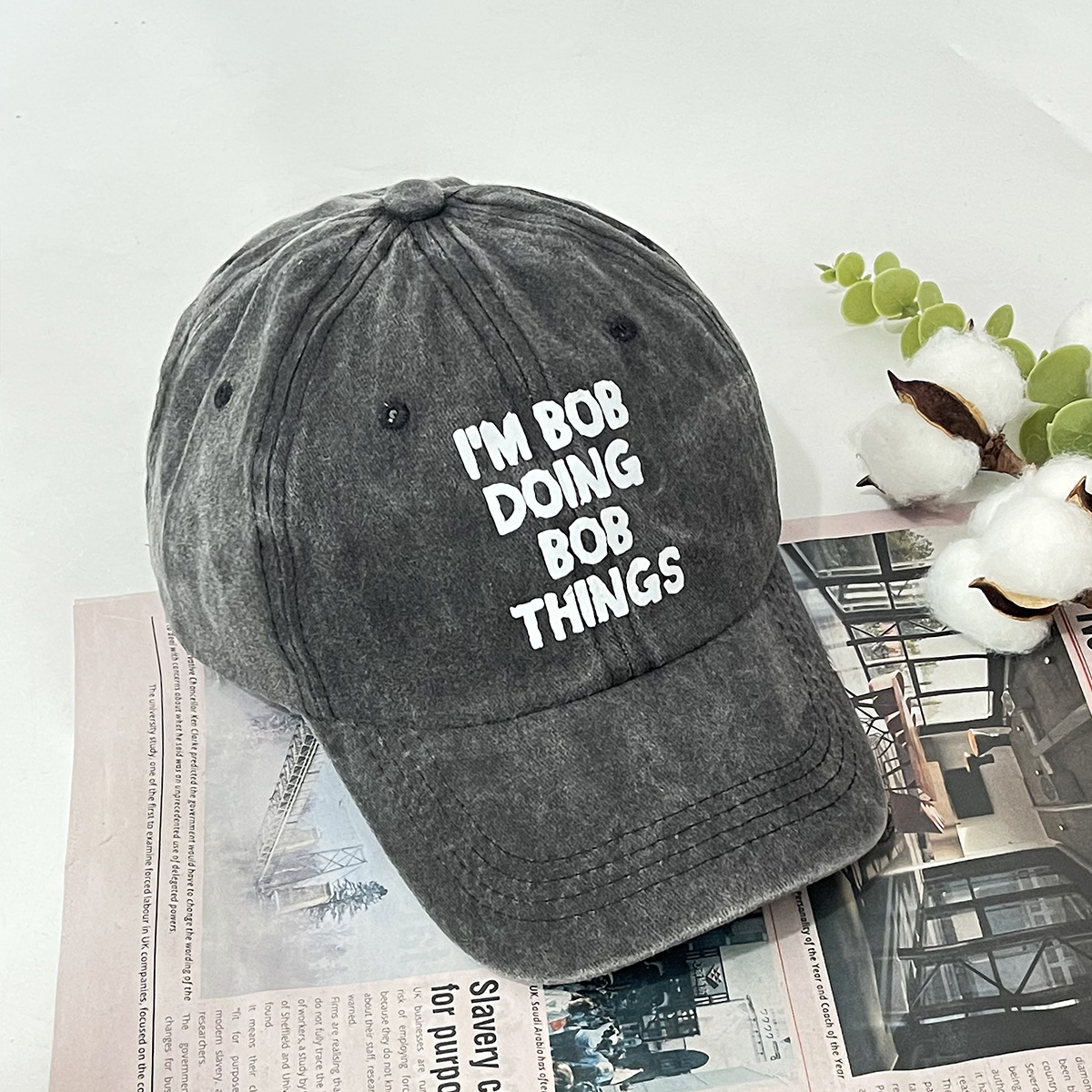 Unisex Retro casual trend Soft top I'M BOB printed washed baseball cap for outdoor shade_voghion.com