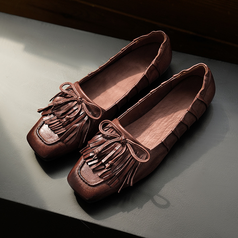 Cross-Border Popular Square-Toe Tassel Slip-On Loafers, British Style Lazy Shoes, Flat-Soled Vintage Women's All-Season Shoes Cross-Border Popular Square-Toe Tassel Slip-On Loafers, British Style Lazy Shoes, Flat-Soled Vintage Women's All-Season Shoes