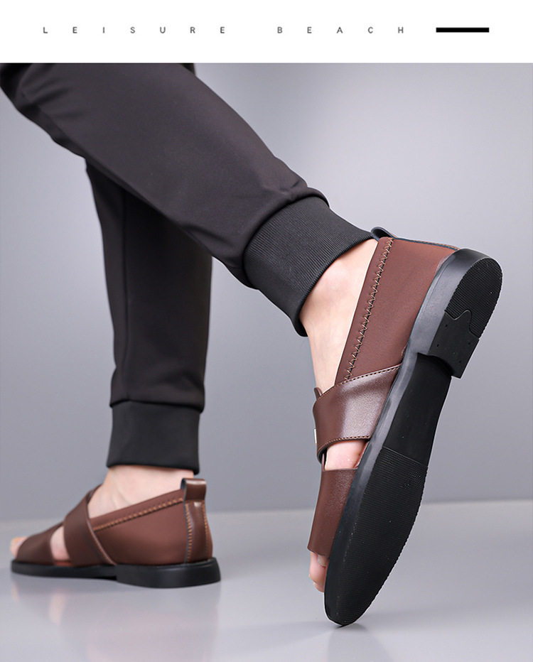 Dép sandal nam quai ngang kiểu La Mã da mềm chống trượt, hở ngón đi biển — Màu nâu , Đen chi tiết 19