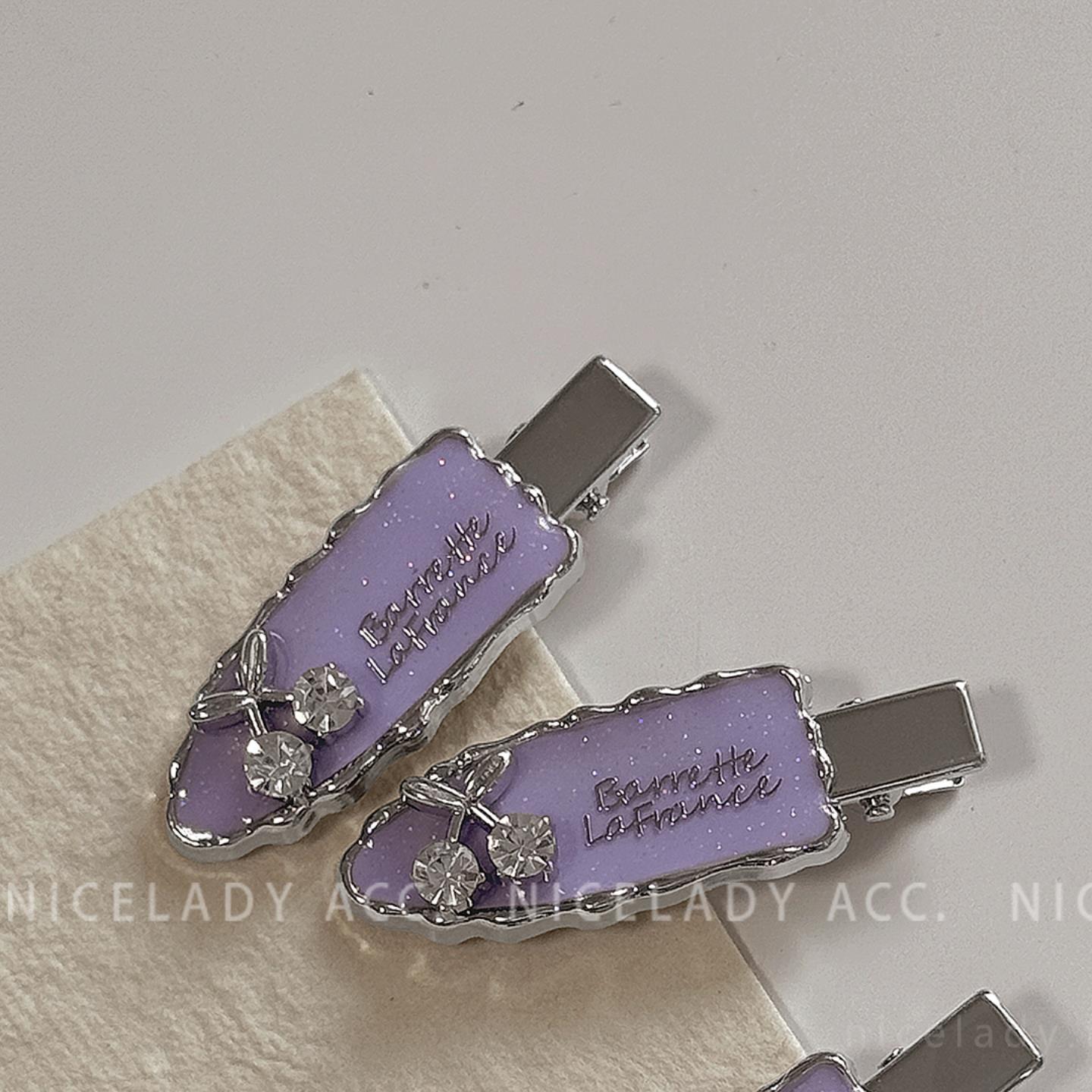 Vibrant Purple Sparkling Diamond Hairpin Bow Cherry Hairpin Small Side Bangs Clip Duckbill Clip Hair Accessory