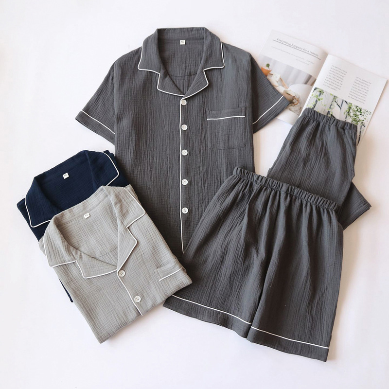 Three-Piece Men's Cotton Gauze Pajamas Spring and Summer Pure Cotton Double-Layer Gauze Short-Sleeved Pants Shorts Thin Cotton Home Clothes