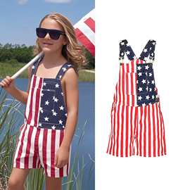 童装中童夏季亚马逊wish独立站欧美新款跨境美国独立日国旗吊带