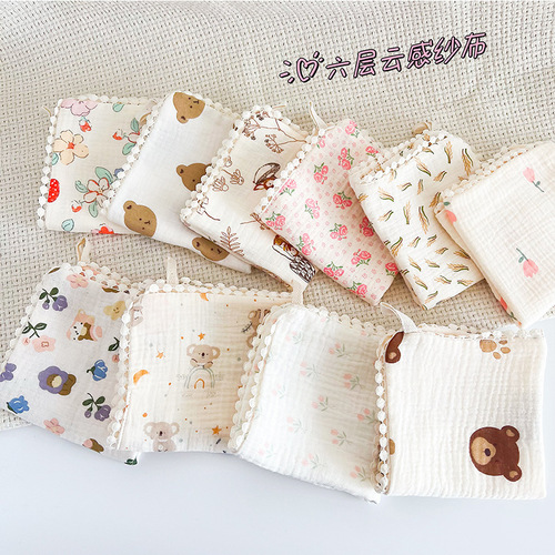 Korean style summer new baby saliva towel newborn square six-layer gauze bib wavy edge floral baby square towel