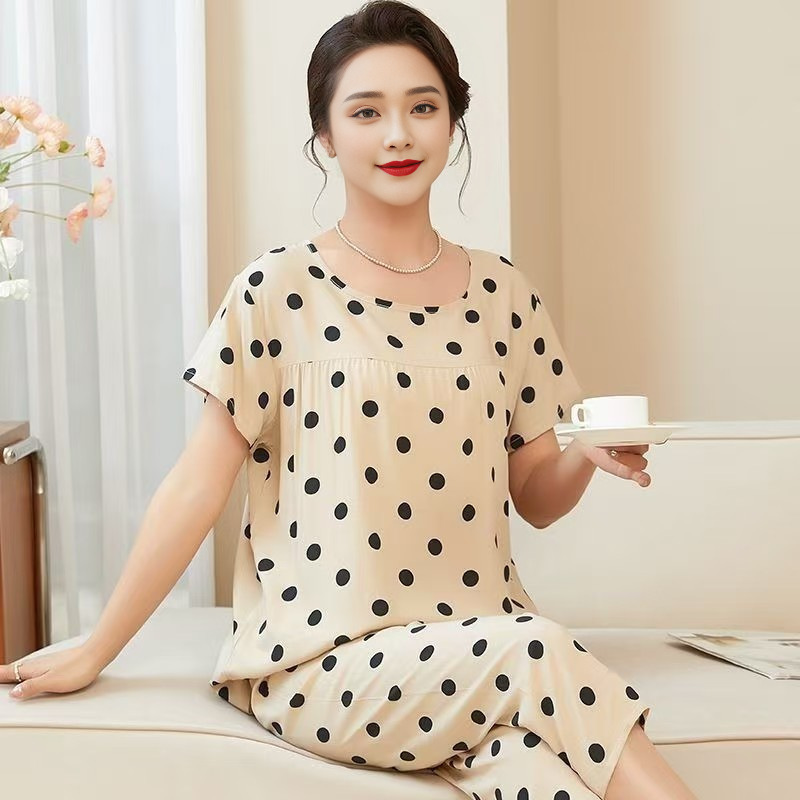 Cotton Silk Pajamas Women's Short-sleeved Mom Summer Home Clothes Artificial Cotton suit Grandma Middle-aged and Elderly Summer