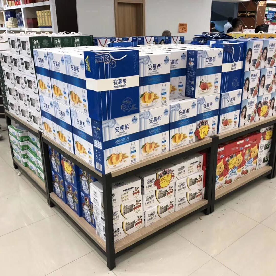 超市牛奶堆头货架展示架促销台钢木陈列架花车台子进口食品店架