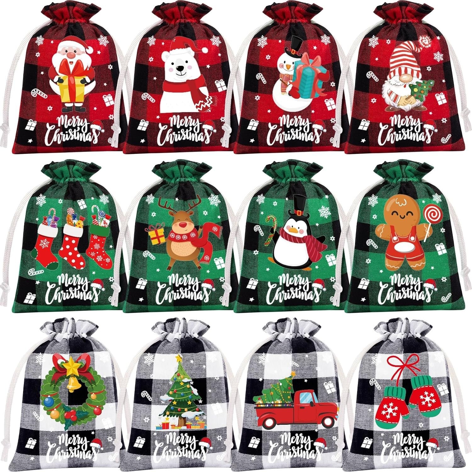 圣诞格子棉布束口袋抽绳礼品袋跨境亚马逊爆款套装圣诞格子袋
