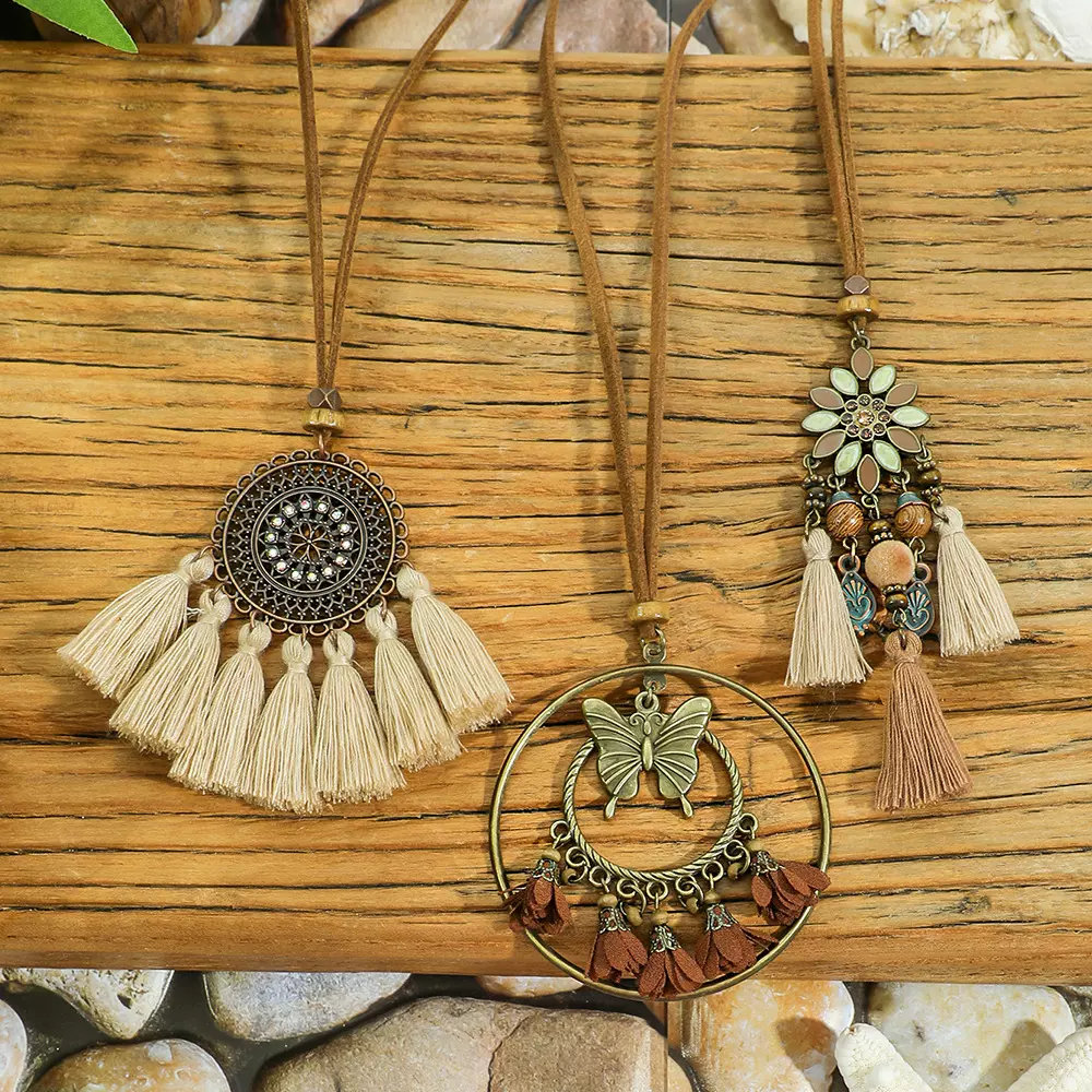 欧美热销设计感法式文艺森系蝴蝶流苏项坠云南旅游民族风项饰批发