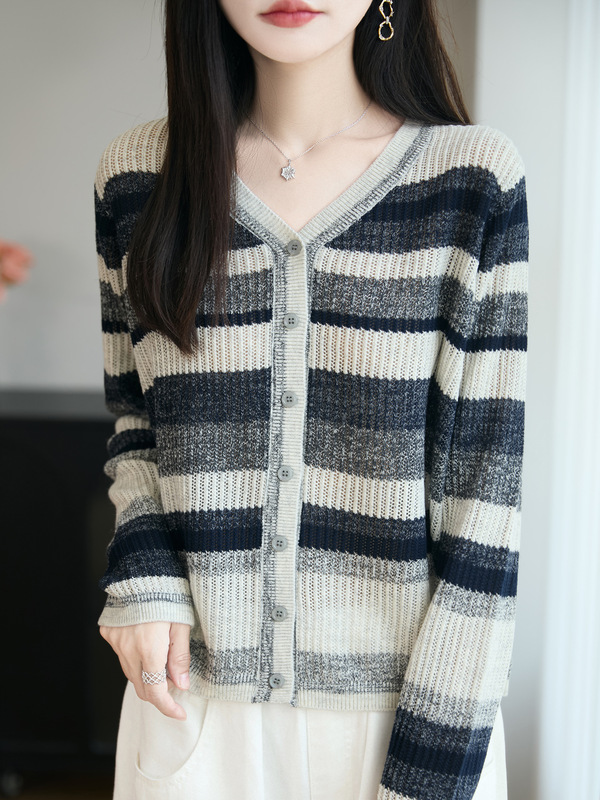 条纹长袖针织开衫女春秋2025新款设计感复古撞色V领毛衣外套上衣|undefined