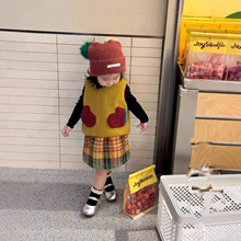 女童套装撞色口袋毛绒马甲2025冬季新款宝儿打底衫上衣格子半身裙