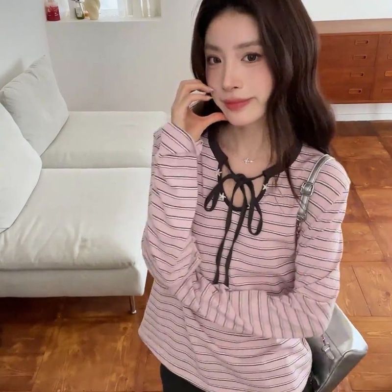 韩系穿搭粉色条纹圆领长袖t恤女秋季宽松慵懒显瘦针织打底衫上衣|undefined