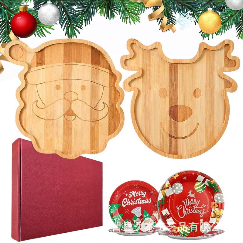 Christmas Bamboo Santa Tray Household Solid Wood Kidsren's Food Tray Restaurant Wooden Snack Tray