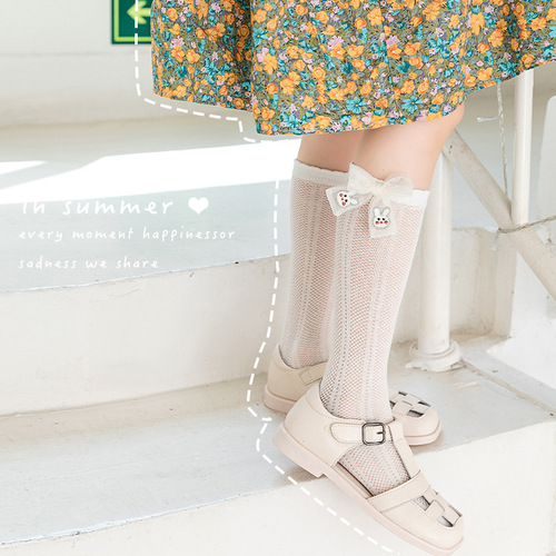 Spring and summer children's socks hollow animal mesh anti-mosquito socks bow breathable girls' socks calf socks summer thin