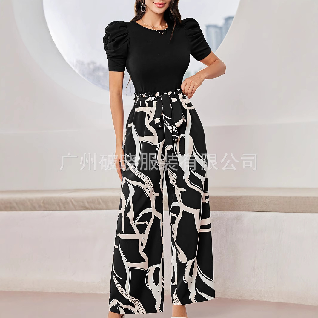 2025 yozgi moda bosmasi qisqa yoqa ko'ylagi va keng lar pantaloni to'plami